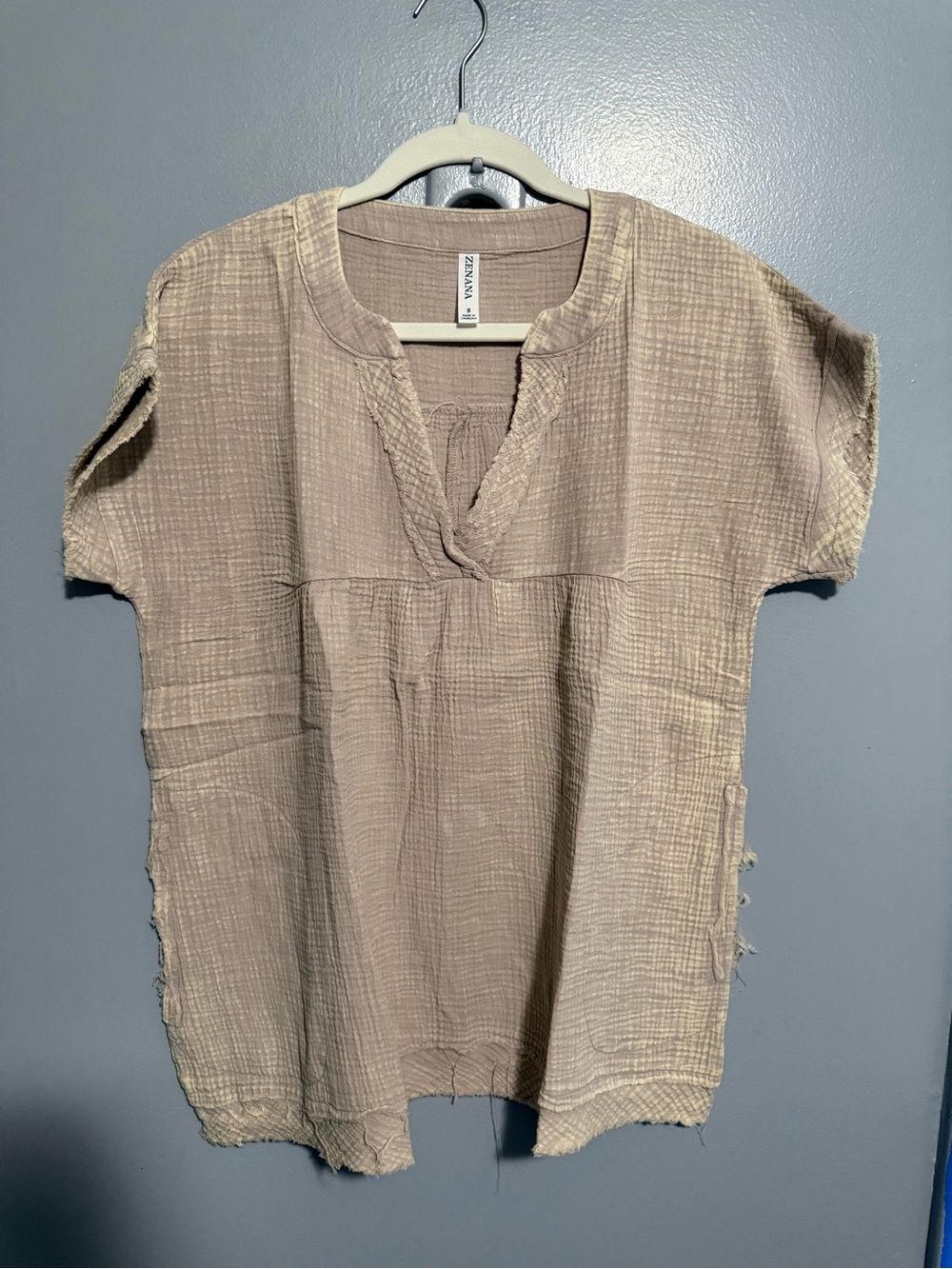 Zenana Acid Wash Ash Mocha Cotton Gauze Wide-Leg Pant Set - Top & Bottom - Picture 4 of 9